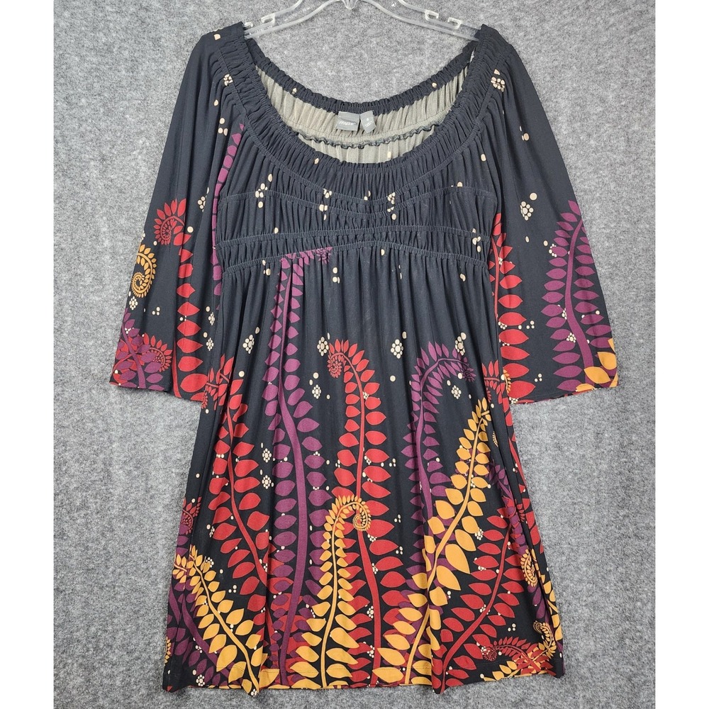 Muse Empire Waist Dress Womens 4 Black Red Botanical Smocked Boho Bell Sleeve